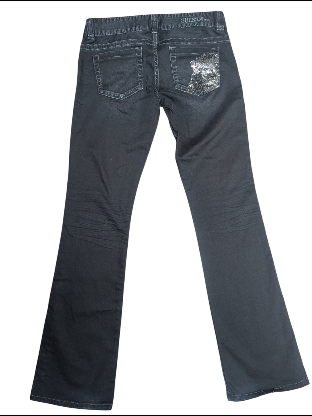 Y2K GUESS Daredevil Boot Cut Jeans – Charcoal Black Rhinestone Pocket – Size 28 - Picture 3 of 15